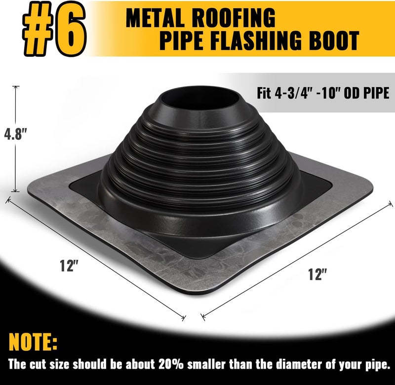 VIVIDA #6 Metal Roof Pipe Flashing, Metal Roofing Pipe Boot Kit, High Temp Silicone Vent Boot, for Tube OD 4-3/4" to 10", Square Base, Screws & Hex Socket Included, 1 Pack, Black - Image 3